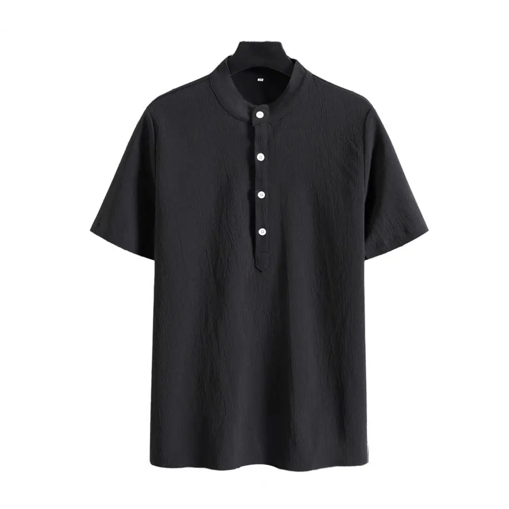 

Summer Men's Shirt Solid Color Short Sleeves Loose Casual Buttons Stand Collar Summer Business Men Pullover Tops Male Clothes