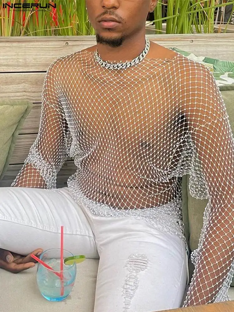 

Футболка INCERUN мужская с круглым вырезом и длинным рукавом, сетчатая уличная одежда, однотонная пикантная Повседневная футболка, прозрачные ...