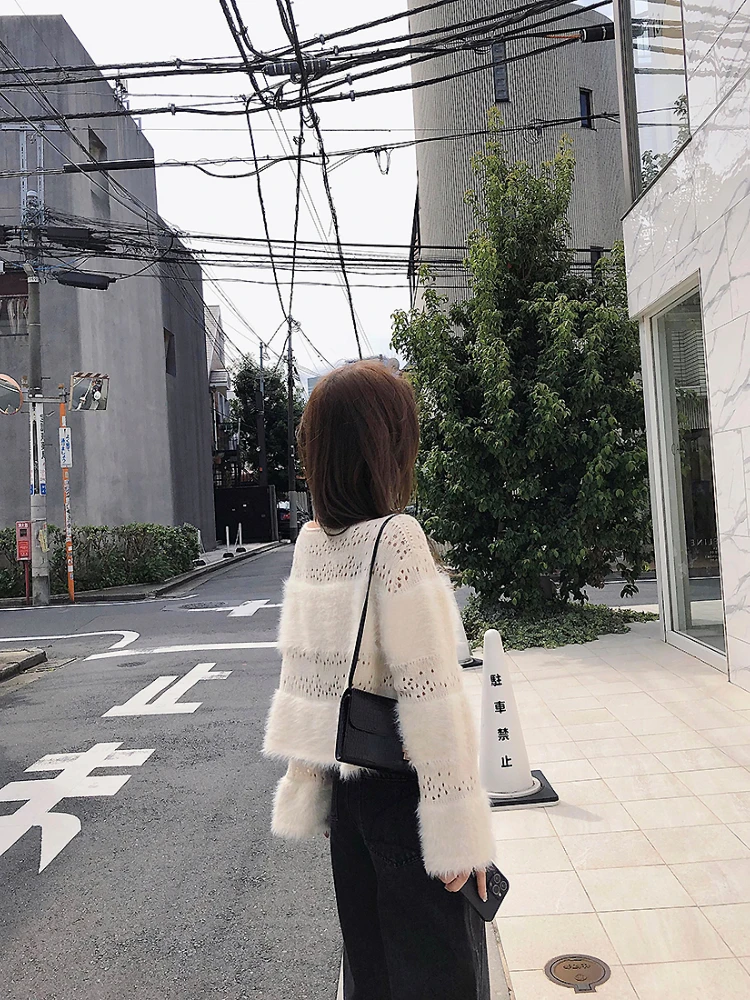 Ezgaga свитер женский с вырезом круглым пушистый лоскутный длинный рукав