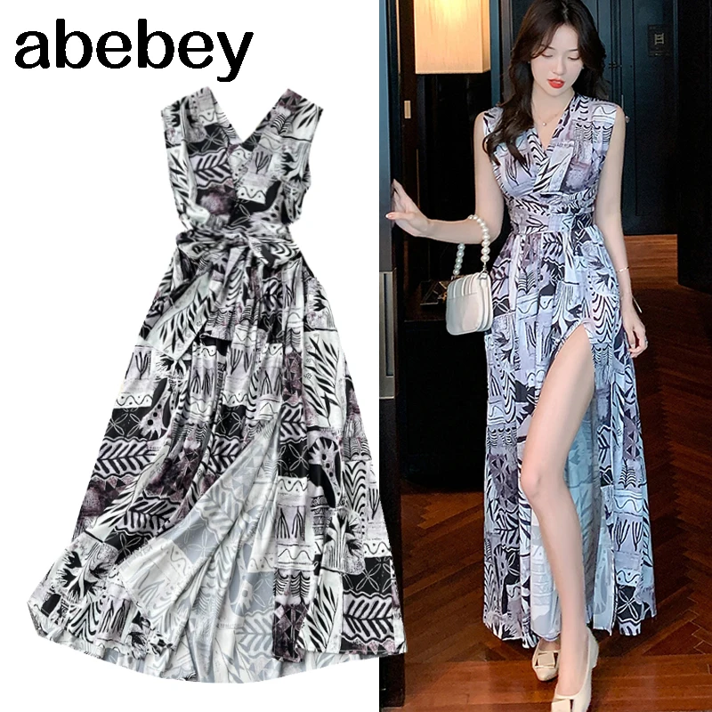 

Women Vintage Floral Print Summer Sleeveless Long Sexy Split Party Night Dresses Bohemian Chic Casual Streetwear Elbise