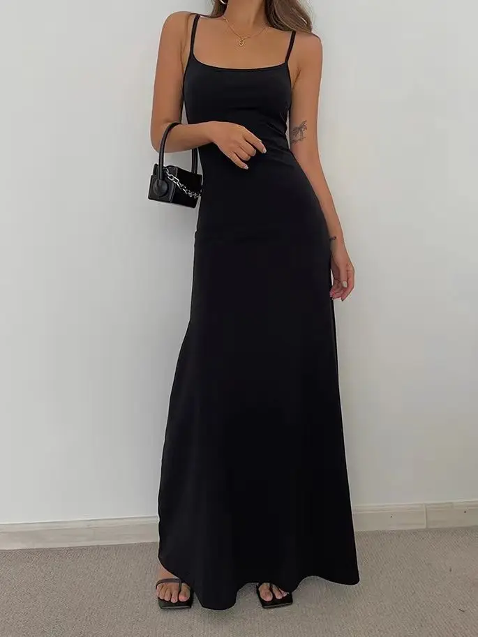 

Sexy Spaghetti Strap Long Dress 2023 Summer Women Y2k Sleeveless Solid Black Skims Skinny Bodycon Trumpet Maxi Dresses Vestidos