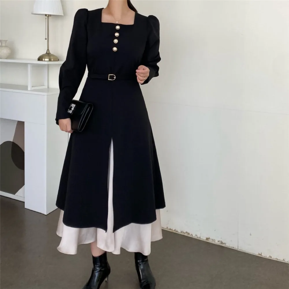 Женское платье в японском и корейском стиле, винтажное контрастное длинное платье из двух частей с имитацией двух частей, новинка сезона ос...