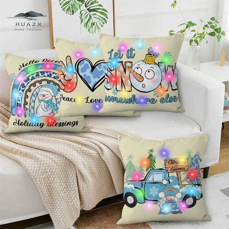 

Blue Winter Snowflake Snowman Pillow Case with LED Living Room Sofa Decor Cushion Cover Snowball Pillowcase Throw Pillows Cover