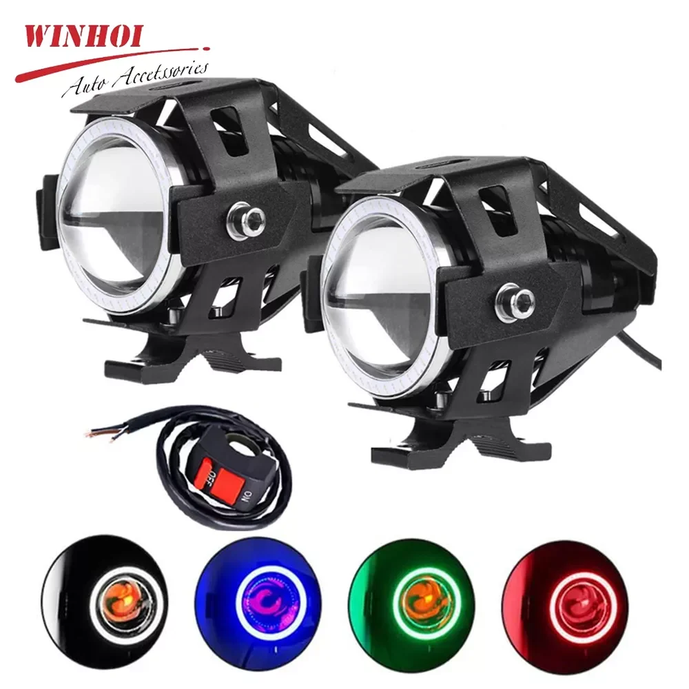 

NEW2023 Led Motorcycle Headlight with Abgle Eyes 125W Additional Spotlights Fog Lights Universal Motorbike Auxiliary U7 LED Driv