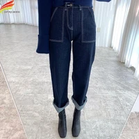 dfrcaeg spring summer 2022 new jeans for women pants pockets denim pencil pants retro washed streetwear straight trousers female