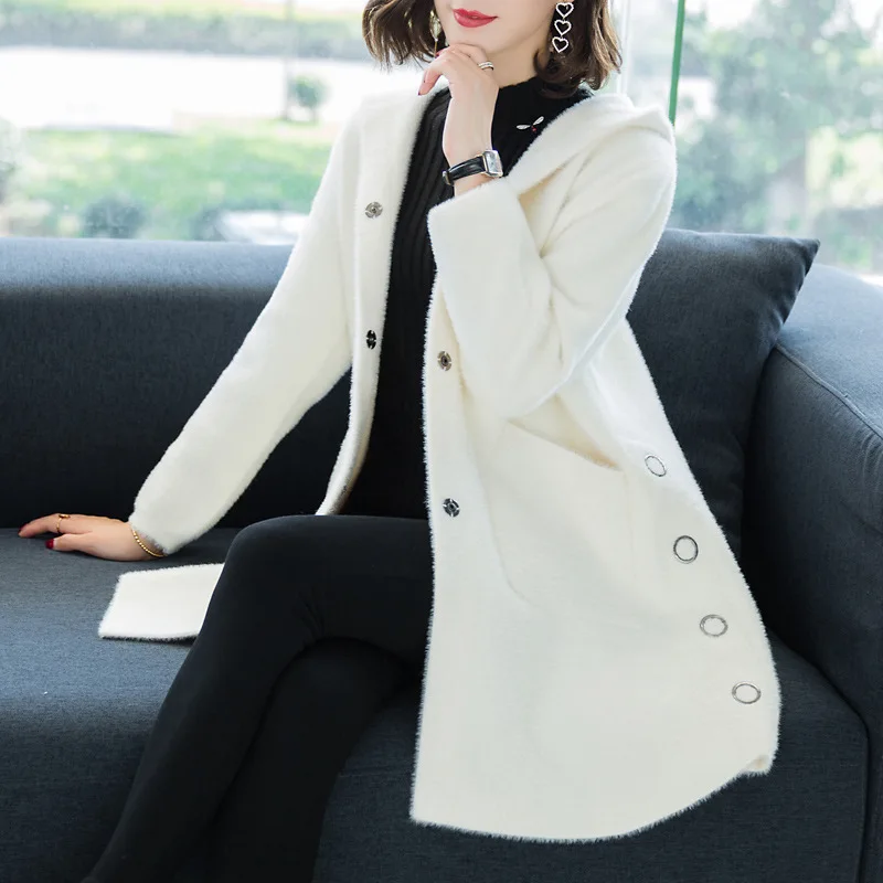 

Mink Fleece Women's Coat Mid length Autumn/Winter 2023 New Korean Hooded Cardigan Thickened Mink Fleece Coat