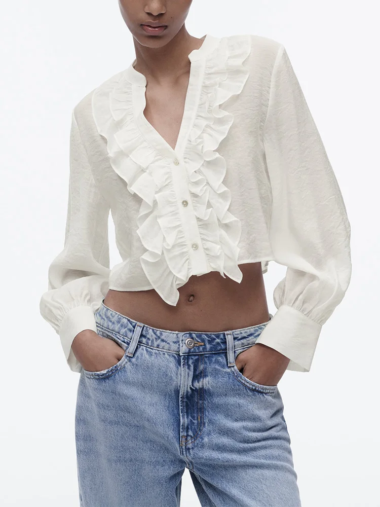 

Блузки для женщин мода 2023 элегантная отделка рюшами спереди белая блузка на пуговицах рубашка женская повседневная укороченный топ с v образным вырезом и длинным рукавом