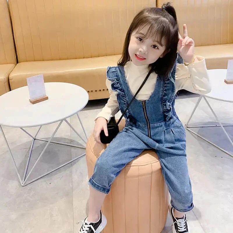 

Girls Jeans Bibs Spring and Autumn New Children's Ruffled Loose Pants Girls Baby Fashion Jumpsuits Kids Trousers