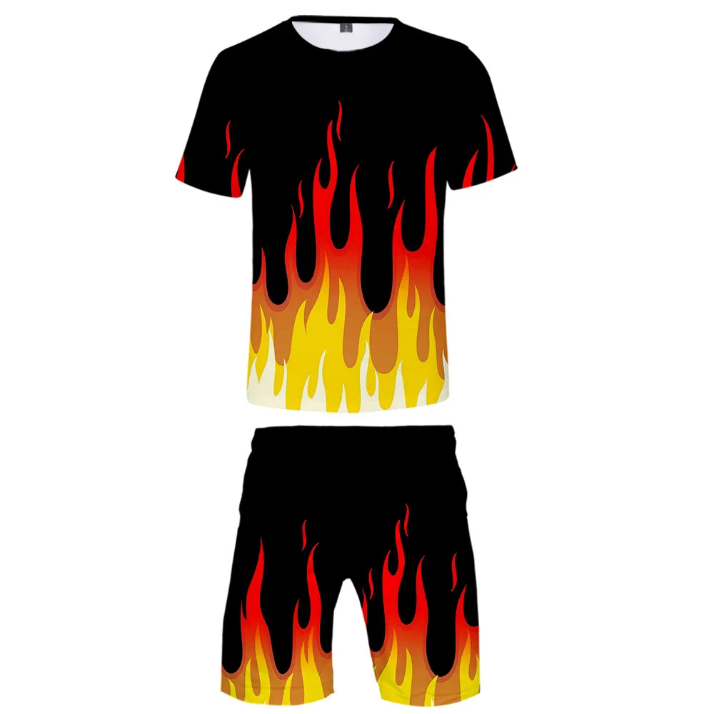 

Red and Yellow Flame 3D Print Summer Short Sleeve T-shirt and Beach Shorts Two Piece Set Casual Sportswear Streetwear