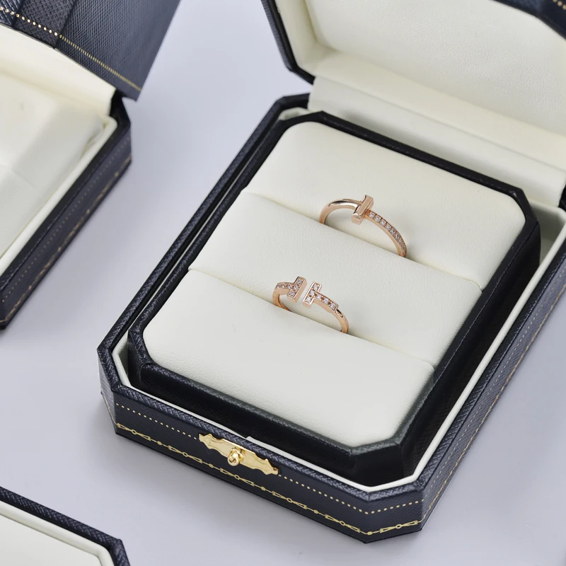 Oirlv Vintage Jewelry Box PU Leather Octagonal Snap Closure Vintage Jewelry Boxes Original Design Royal Blue 2 Rings Box Jewelry