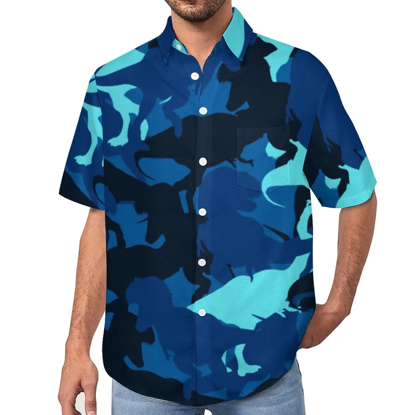 

Голубая камуфляжная блузка с динозавром, мужские повседневные рубашки с абстрактными животными, гавайская крутая пляжная рубашка оверсайз с коротким рукавом и графическим принтом, подарок