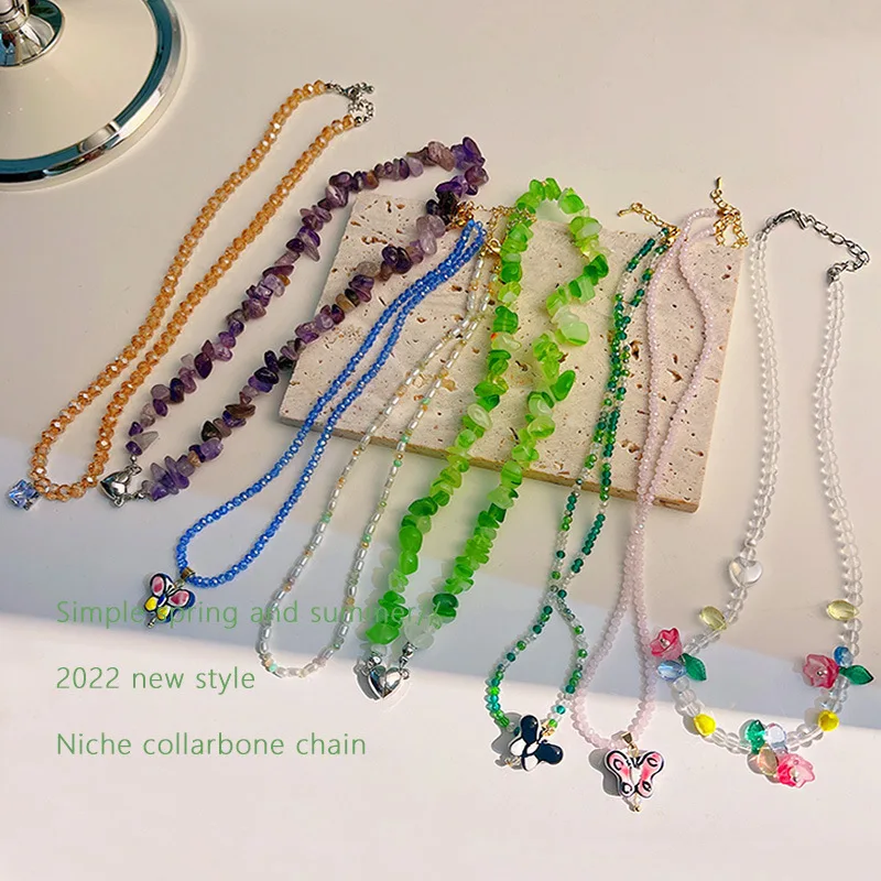 

Minar Bohemia Multi Styles Irregular Stone Butterfly Love Heart Pendant Necklaces for Women Beads Crystal Strand Choker Necklace