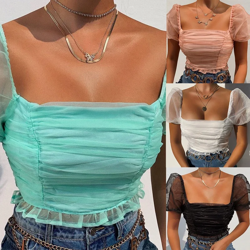 

Women's Fashion Sexy Square Neck Perspective Mesh Puff Sleeve Short Sleeve Top