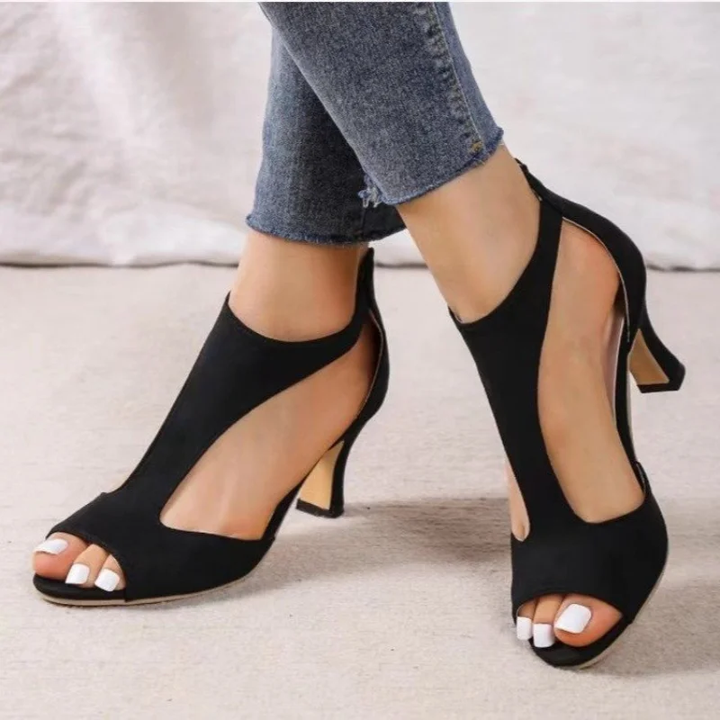 

2023 New Simple and Fashionable Back Zipper Fishmouth Shoes Women's Summer Side Stiletto Roman Sandals