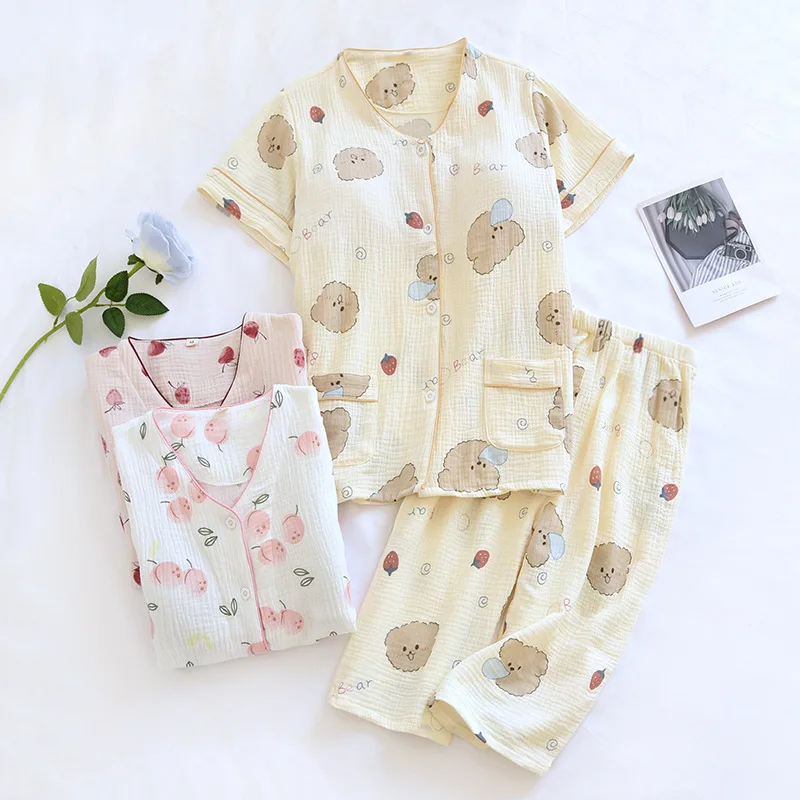 

Women's Pajamas With Chest Pad Cotton Short Sleeve Cropped Pants Sleepwear Suit Ladies Y-neck Homewear Cartoon Print Nightwear