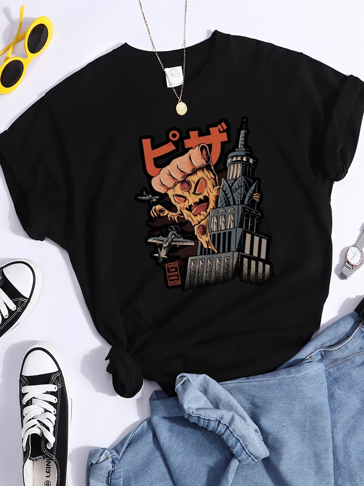 

The Pizza Monsters Attack The Building Women T-Shirt O-Neck Harajuku T Shirts Fashion Breathable Tops Casual Sport Cool T Shirt