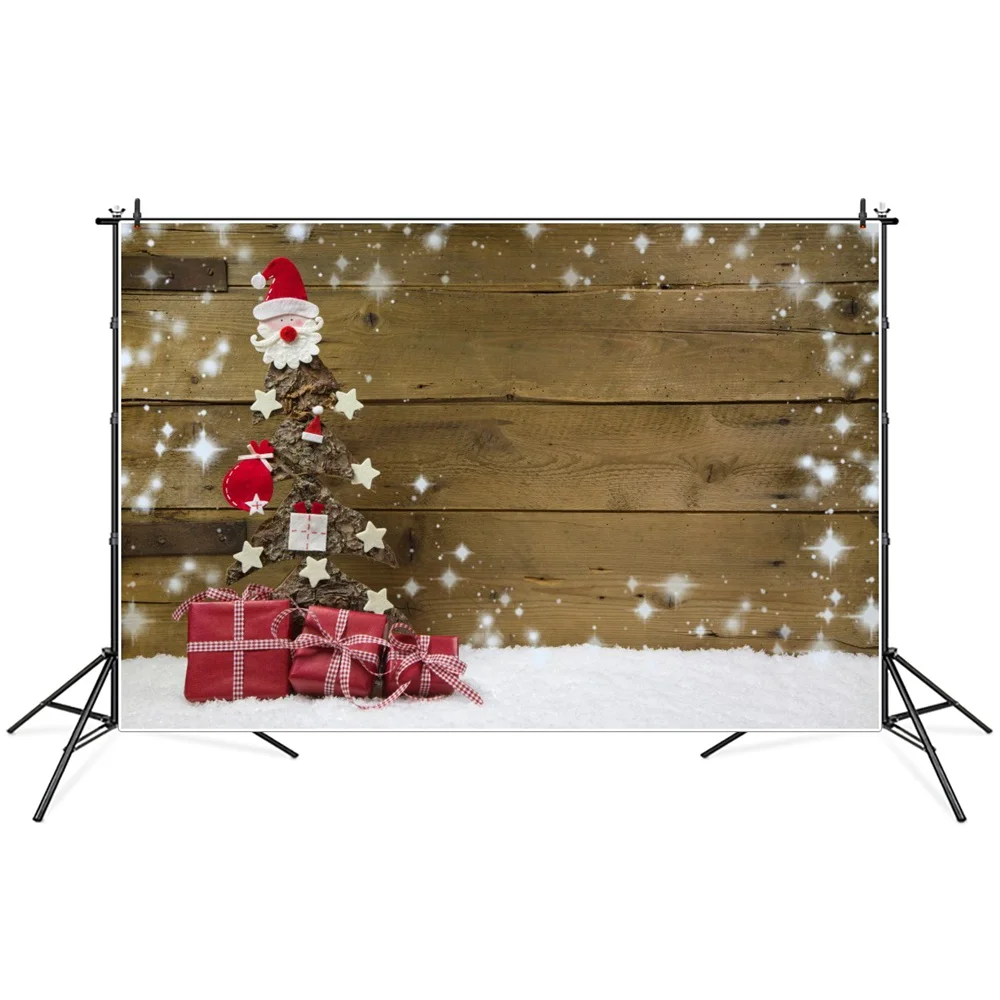 

Фон для фотосъемки с изображением рождественской елки подарков звезд снежинок деревянных досок