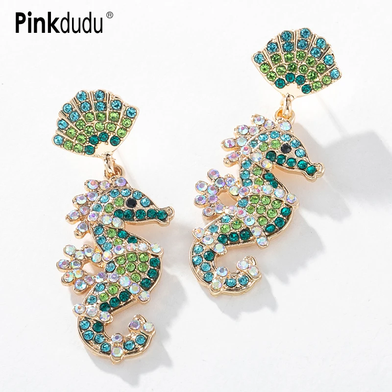 

Pinkdudu Fashion Scallop Seahorse Drop Earrings Cute Marine Animal Super Flash Zircon Alloy Earring for Women Jewelry PD985