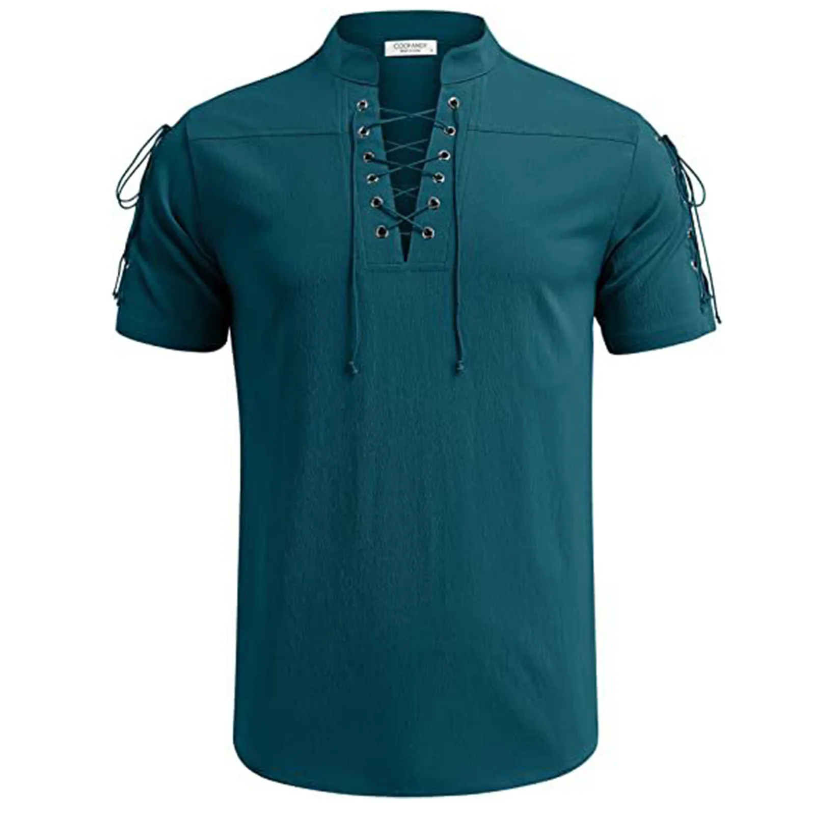 

Mens Tops Fashion Lace-Up Stand Collar V Neck T-shirt Short Sleeve Vacation Holiday Beach Tee Top Casual Solid Color Tops
