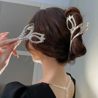 korean style metal hollow tulip hair claws shiny crystal pearl claw clip for hairclip zircon shark clips hairclip large hairpins