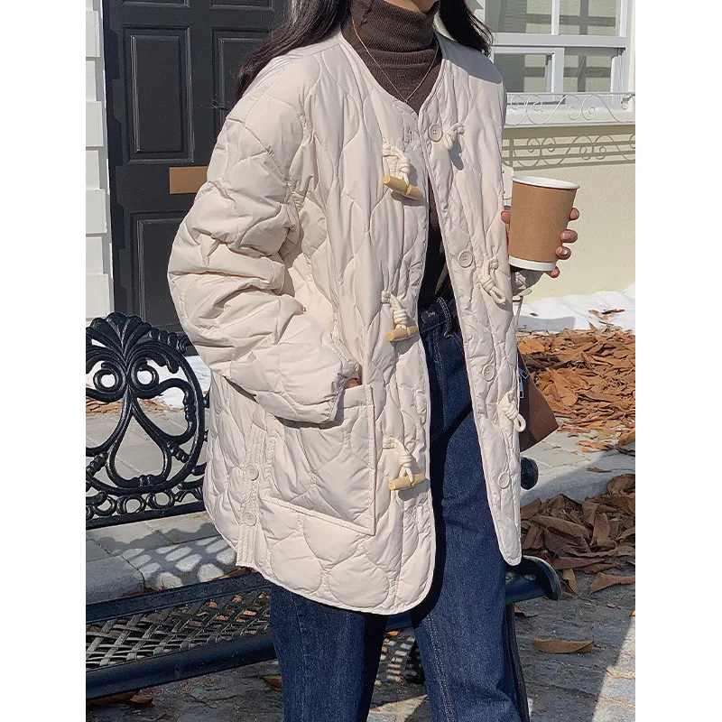 Wooden Cowl Buckle Down Jacket Autumn and Winter New Diamond Plaid Embossed Top White Duck Down Thickening Warm Jacket