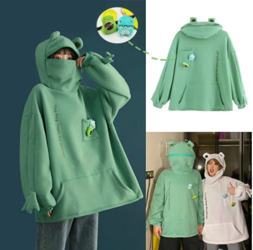 Hot Fashion Women's Hoodie Frog Pullover Winter Harajuku Hooded Casual Hoodie Embroidered Loose Top Doll Decor Hoodie