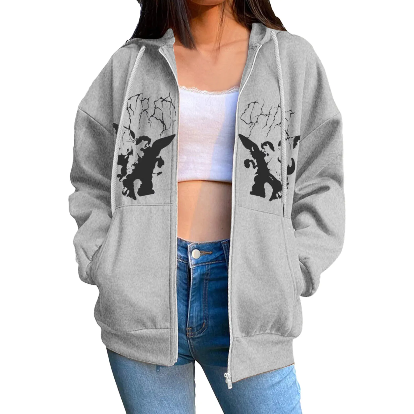 Женская толстовка с капюшоном и принтом черепа на молнии |