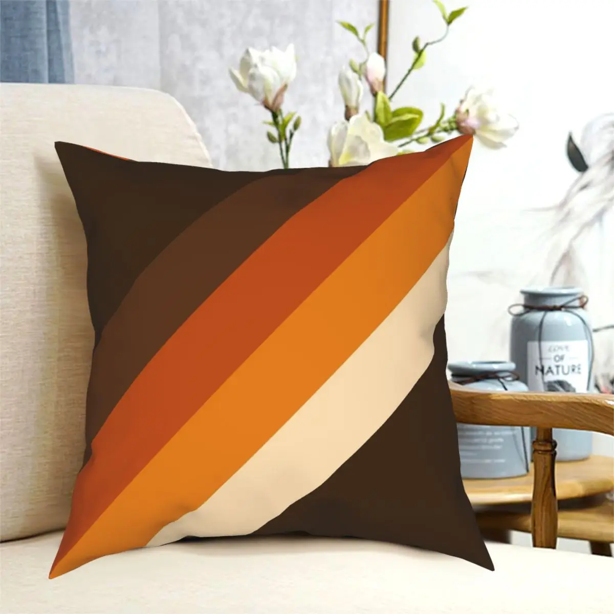 

70s Orange And Brown Diagonal Lines Square Pillowcase Polyester Printed Zipper Decor Sofa Cushion Cover 45*45 CM