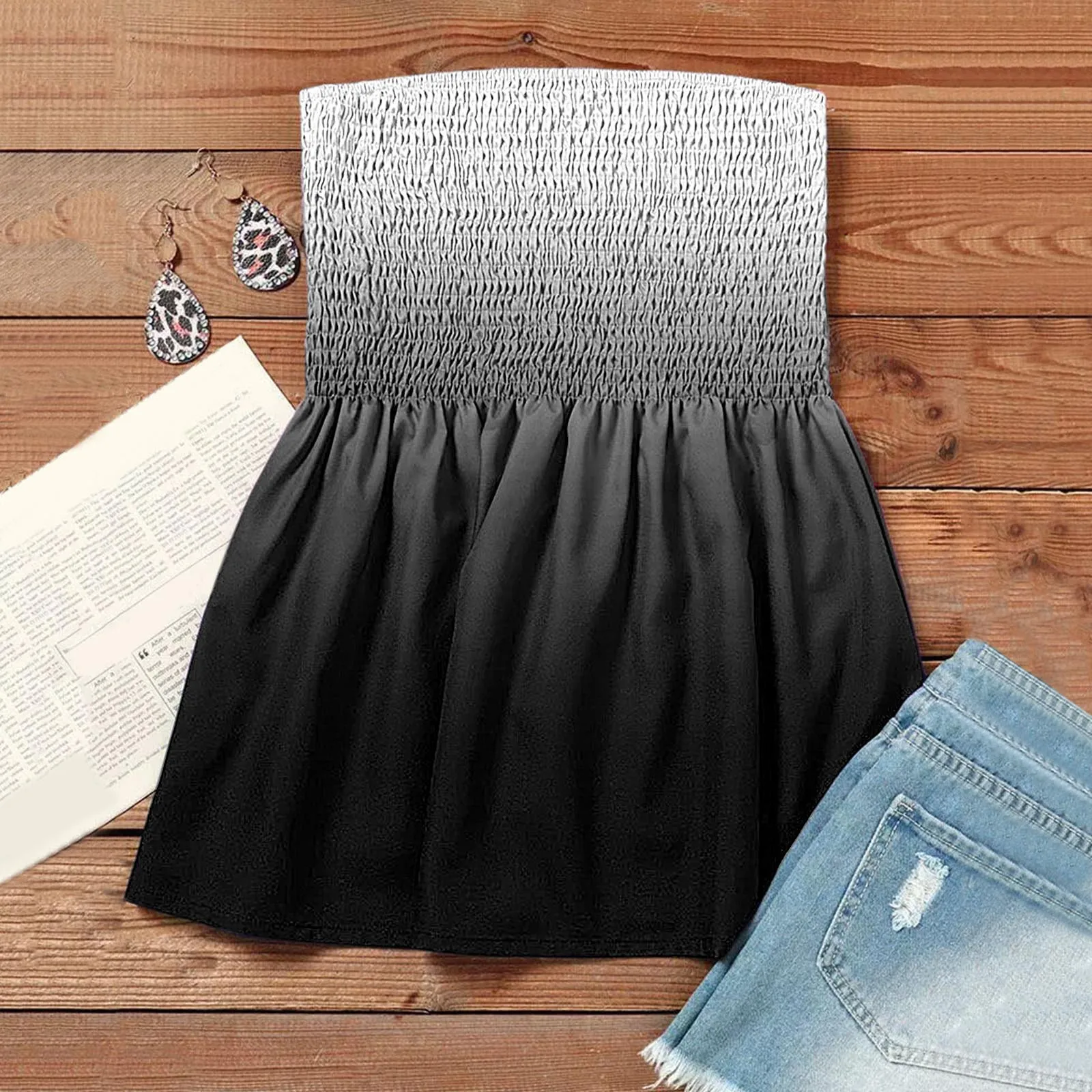 

Women Stripe Strapless Bandeau Tank Casual Sleeveless Summer Vacation Loose Holiday Top Shirt Blouse Crop Tops Multi Pack