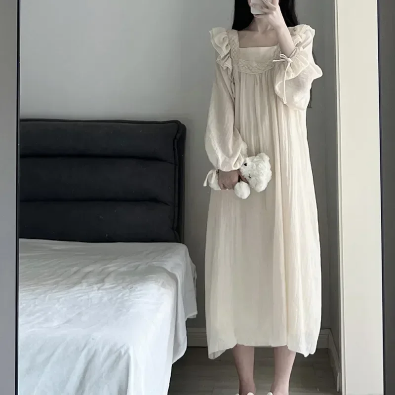 

Womens Long Piece Night Dress Sleeve Autumn Wear Square Lace Sleepwear Lace Collar New Korean Home Nightgown Pajamas One Ruffles
