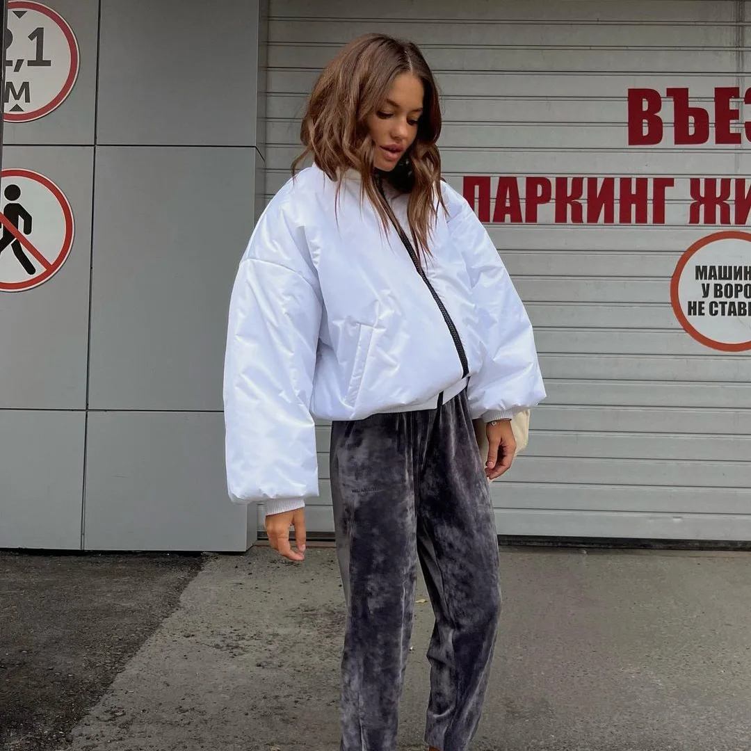 Personality Jacket Autumn and Winter New Hundred Collision Color Standing Collar Simple Cotton Clothing Female Short Paragraph