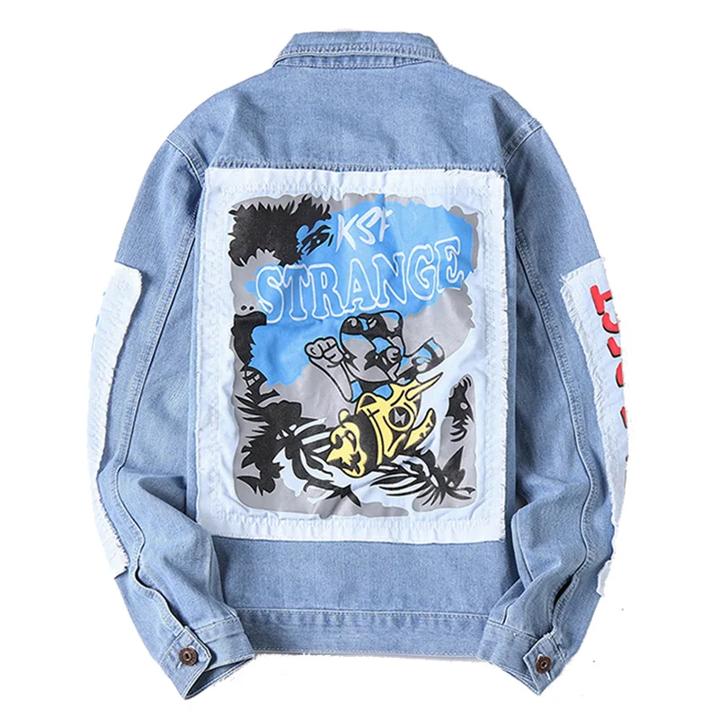 

Mens Denim Jackets Hole Ripped Overcoats European America Fashion Cowboy Brand Coats Male Graffiti Jean Jacket Outerwear DS049