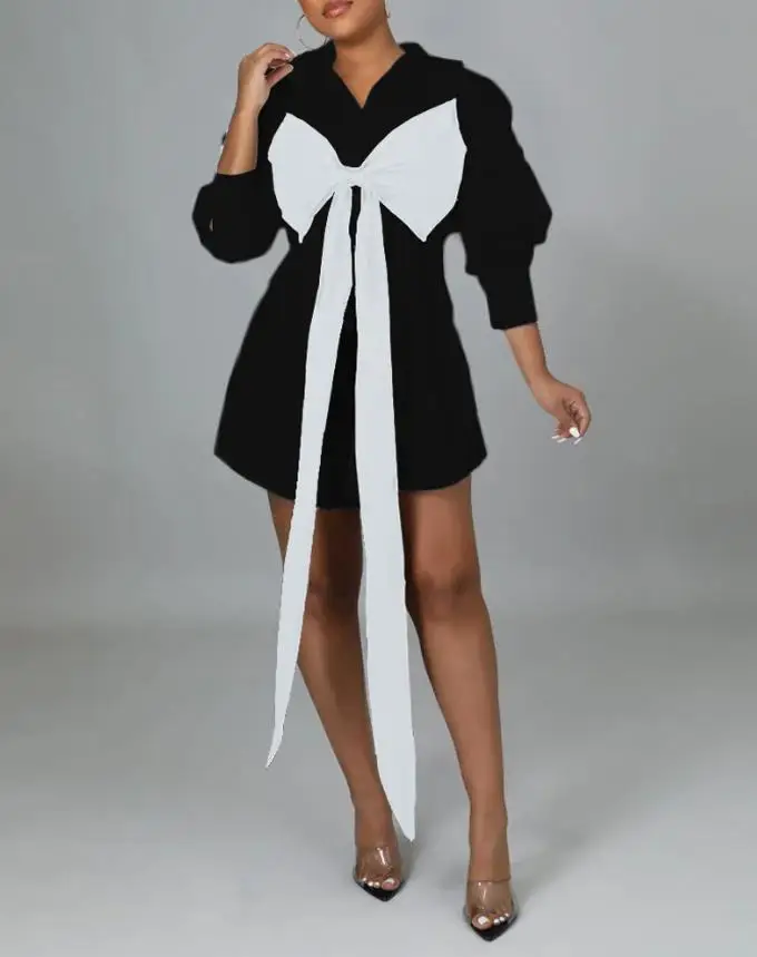 

Dresses for Women 2022 Summer Bowknot Tied Detail Button Down Casual Turn-Down Collar Long Sleeve Mini Shirt Dress