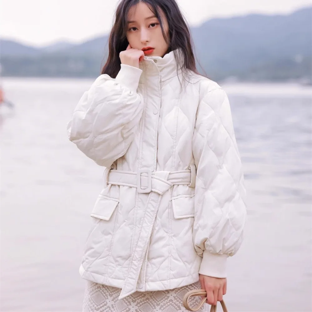 

2023 зимние женские парки с поясом и воротником-стойкой, свободные утепленные хлопковые куртки, осенние пуховики, женская верхняя одежда 2313
