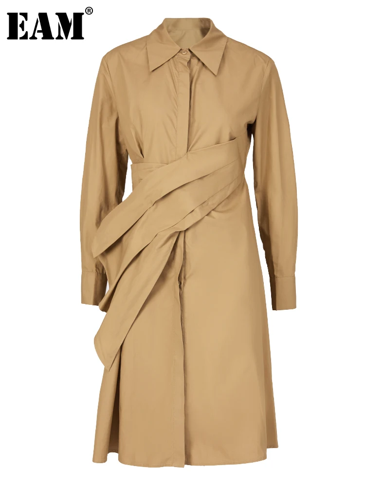 [EAM] Women Khaki Irregular Vintage Pleated Shirt Dress New Lapel Long Sleeve Loose Fit Fashion Tide Spring Autumn 2023 CP0347