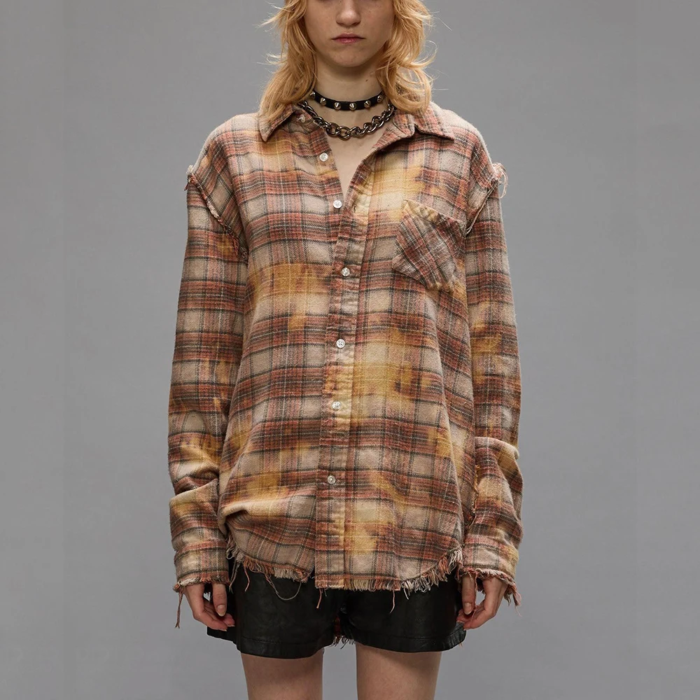 Женская клетчатая хлопковая рубашка с необработанным краем бахромой свободная