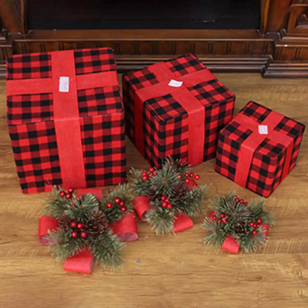 

Рождественская Подарочная коробка, Рождественская Подарочная коробка, набор для украшения, черная, белая клетчатая лента, бант, конус сосны, игла, Рождественская елка, праздничный подарок