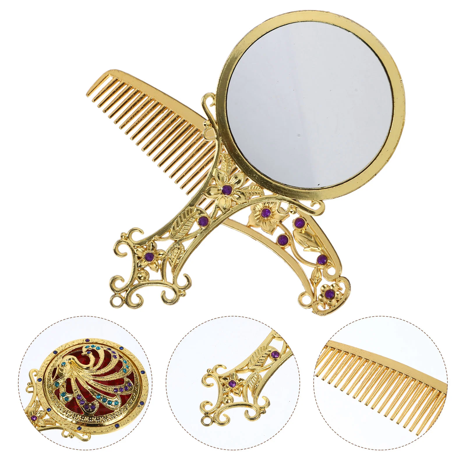 

Comb Set Foldable Vanity Mirror Handle Mini Woman Makeup Alloy Glass Vintage