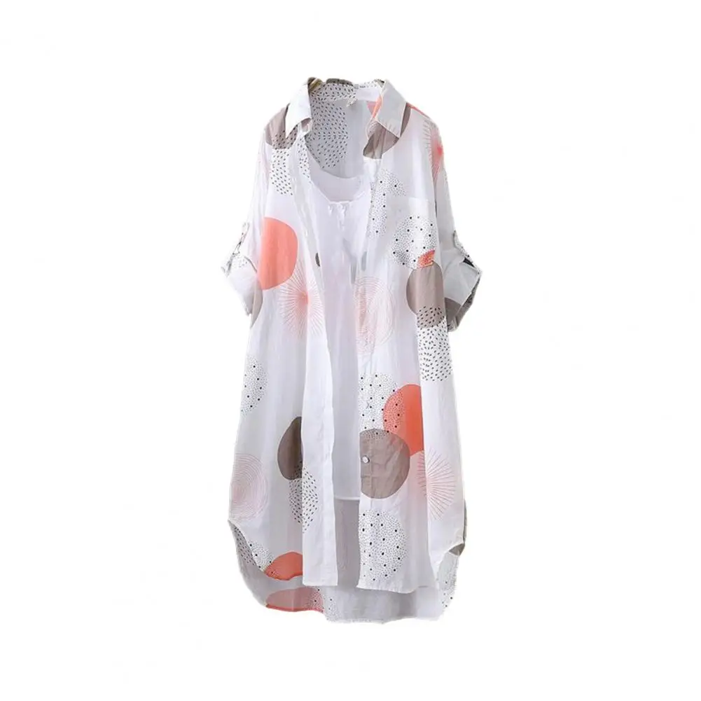 

Pull-up Sleeve Cardigan Stylish Women's Irregular Hem Long Cardigan Contrast Color Single-breasted Lapel Loose Fit Thin Printed