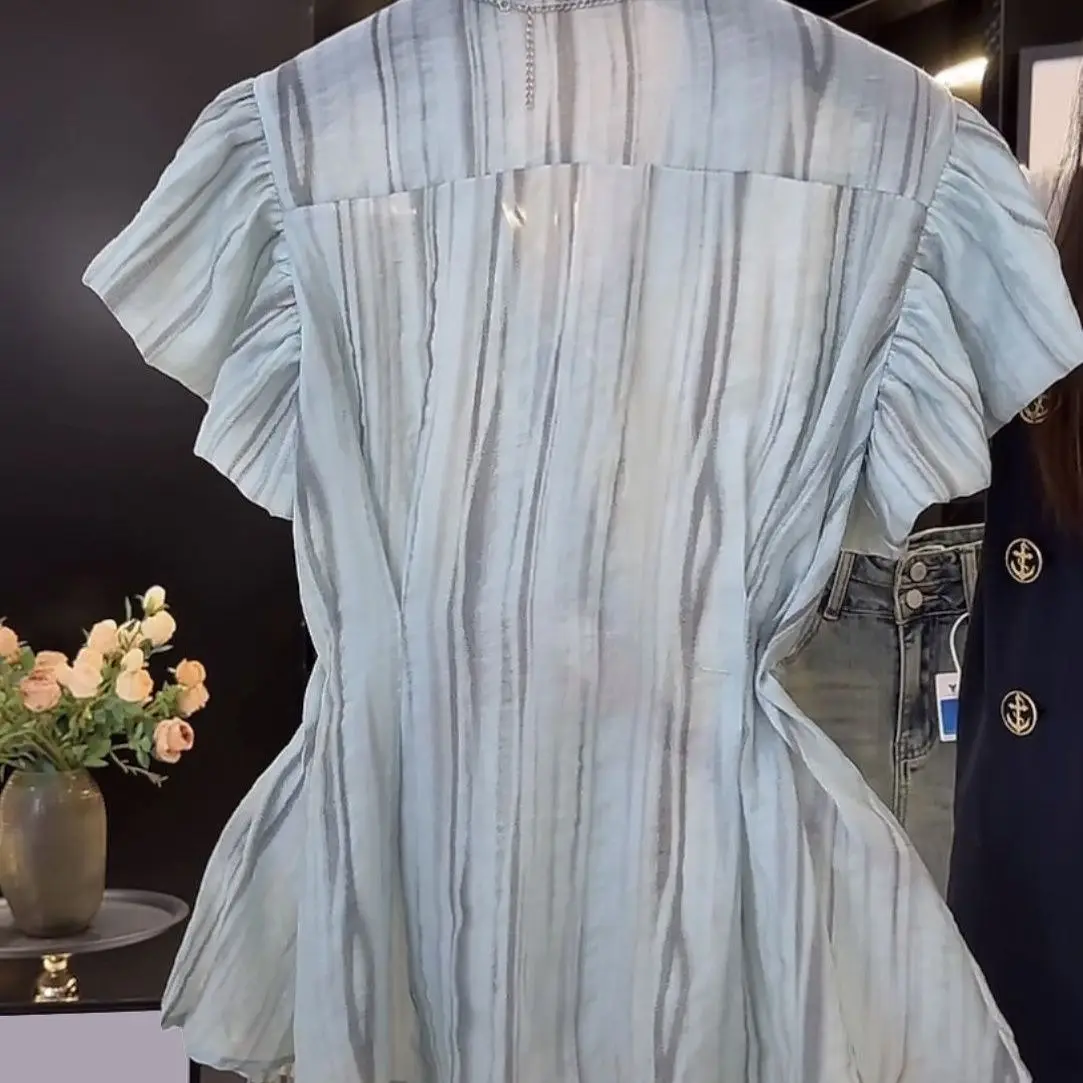 Рубашка с V-образным вырезом и вертикальным рисунком французская Блузка поясом