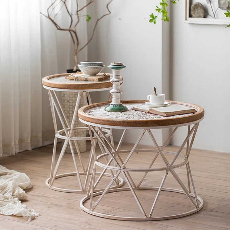

American Solid Wood Retro Coffee Tables Salon Modern Living Room Side Table Tea Nordic Balcony Small Round CouChtisChe Furniture