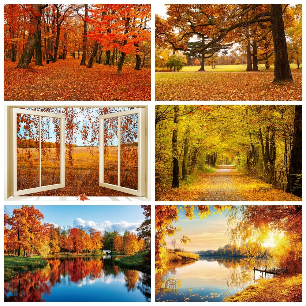 Autumn Maple Forest Tree Photography Backdrop Fall Natural Scenery Falling Leaves Window River Background For Photo Studio Props |
