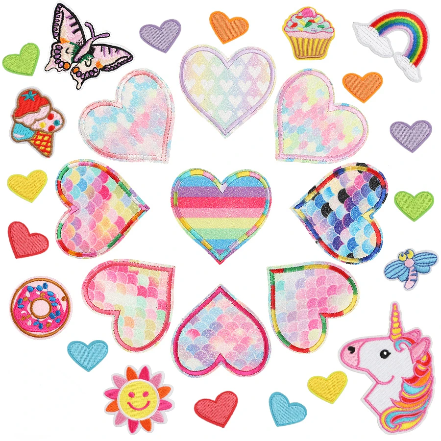 

Pink Heart Patches Embroidery Stickers For Girl Clothes Iron On Butterfly Badge Appliques DIY Patch Plancha De Ropa