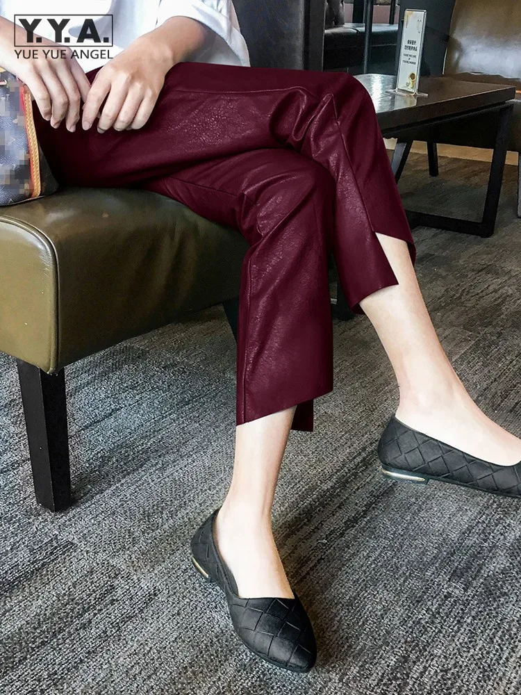 New Spring Women Ankle Length Pu Leather Pants Casual Office Ladies Slim Fit Wine Red Faux Leather Pencil Pants Trousers Female