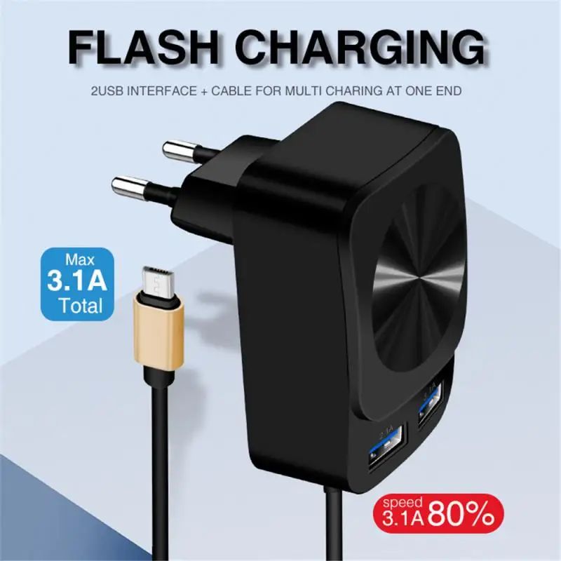 

With Cable Travel Charger New Suitable Dual Usb With Micro Cable Led For Iphone 13 12 Samsung Mini Charger 2.4a/1a Fast Charging