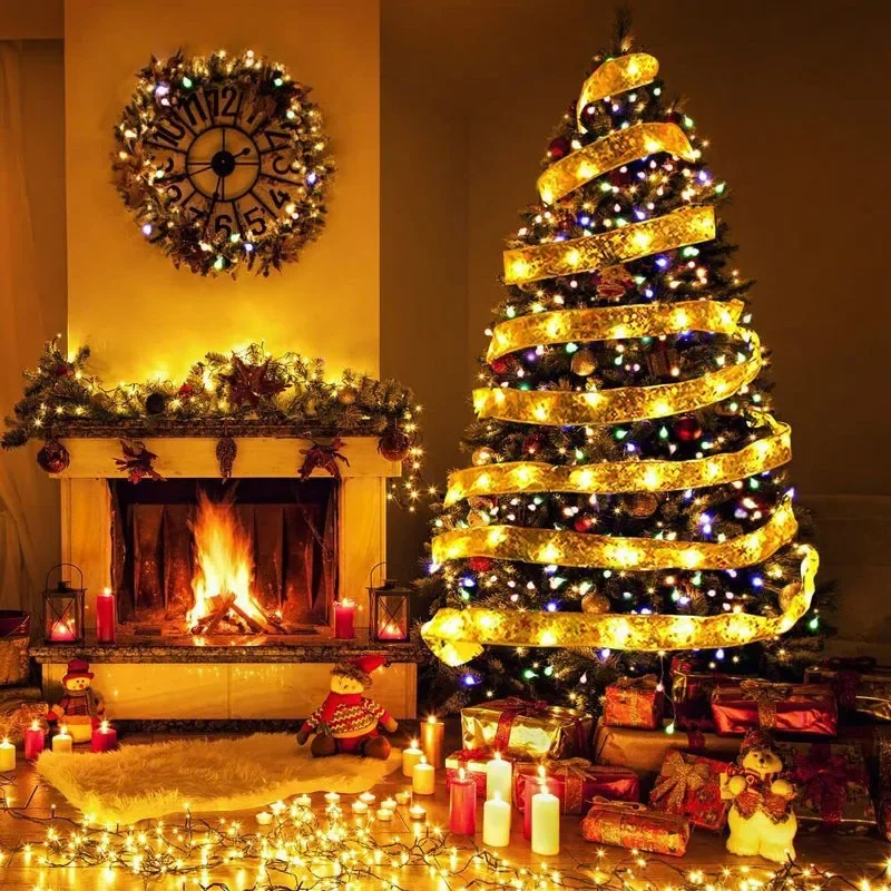 

Christmas Decoration LED Ribbon Fairy Lights Christmas Tree Ornaments for Home 2023 DIY Bows Light String Navidad New Year 2024
