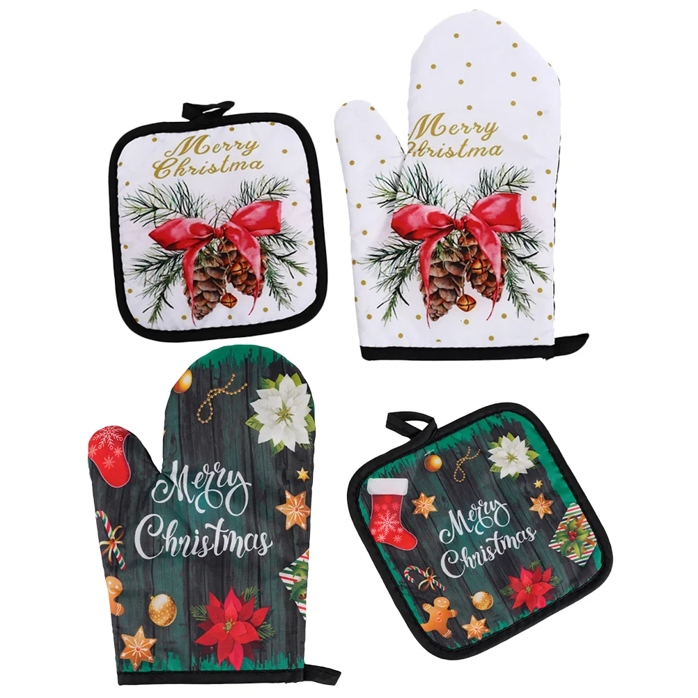 

2 Sets Christmas Oven Mitts Xmas Heat-resistant Table Mat Grill Glove Placemat Barbecue Gloves Kitchen Coffee