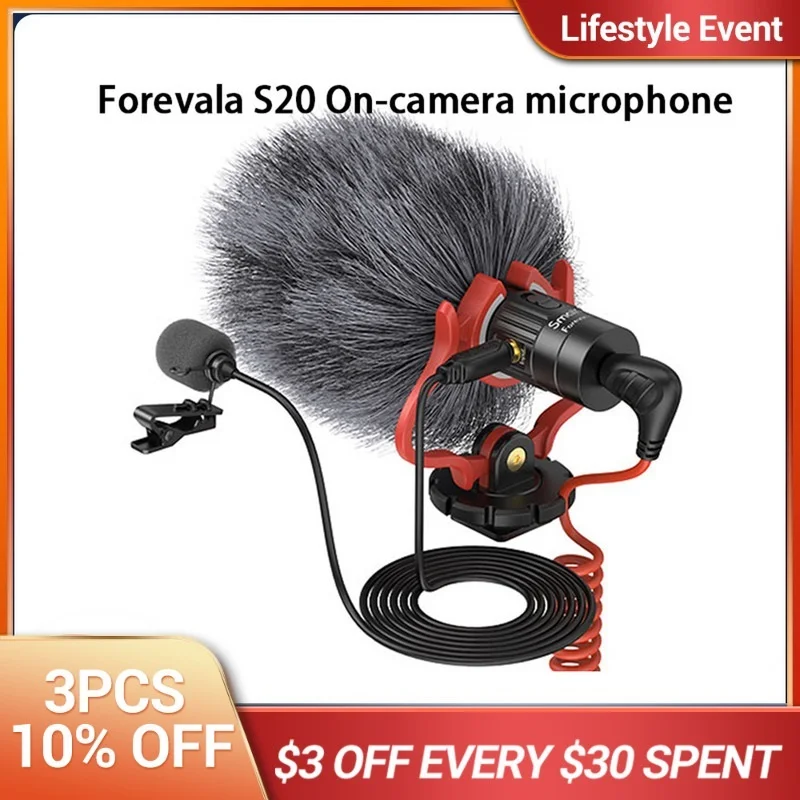 

Микрофон для камеры S20 с амортизирующим креплением, видеомикрофон, стерео микрофон для DSLR-камер, iPhone и смартфонов, 3468