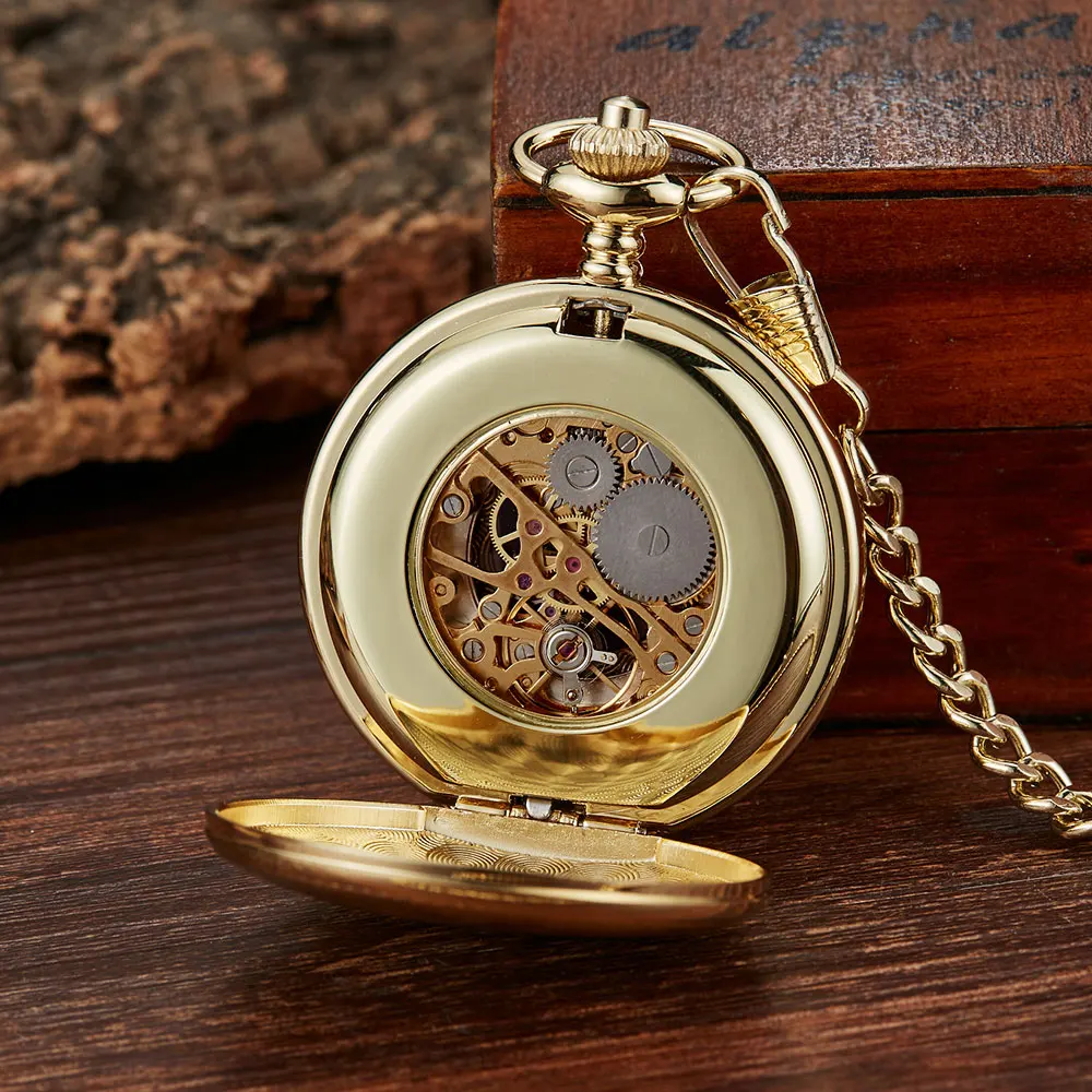 Vintage Golden Sculpture Tree Pattern Mechanical Pocket Watch Men Women Retro FOB Hand Wind Double Hunter Roman Numerals