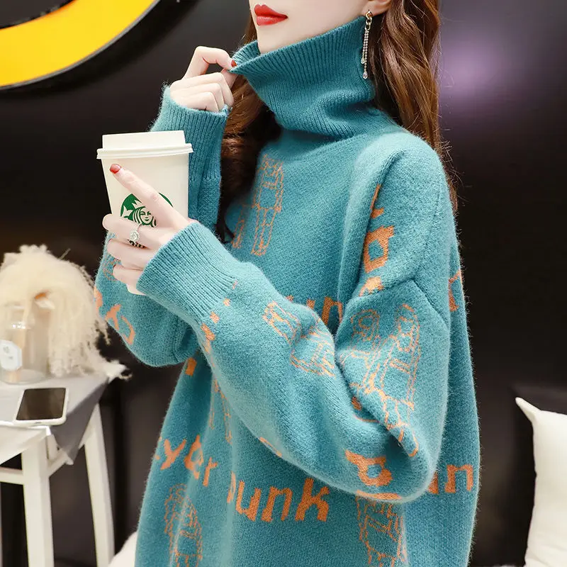 

DAYIFUN Knitted Turtleneck Sweaters Women Jumpers Loose Autumn Aesthetic Bottoming Knitwear Letter Print Mid-length Pullovers